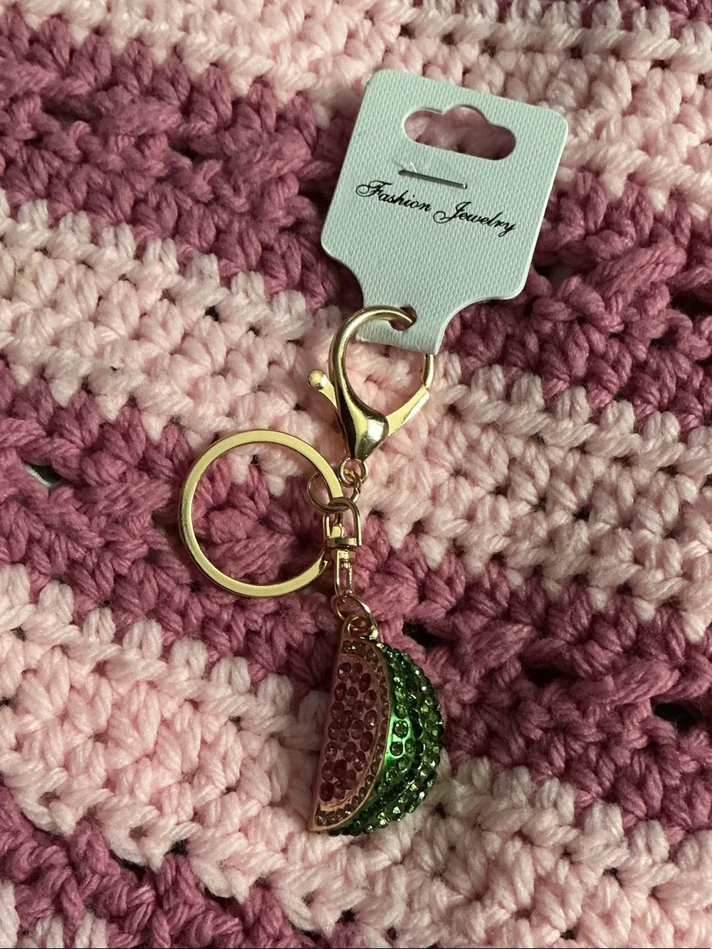 Fashion Jewelry Gold Watermelon Rhinestone Keychain with Pink & Green Accents